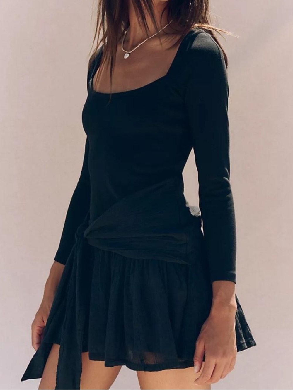 Free People Black Long-Sleeve Mini Dress with Tie Waist